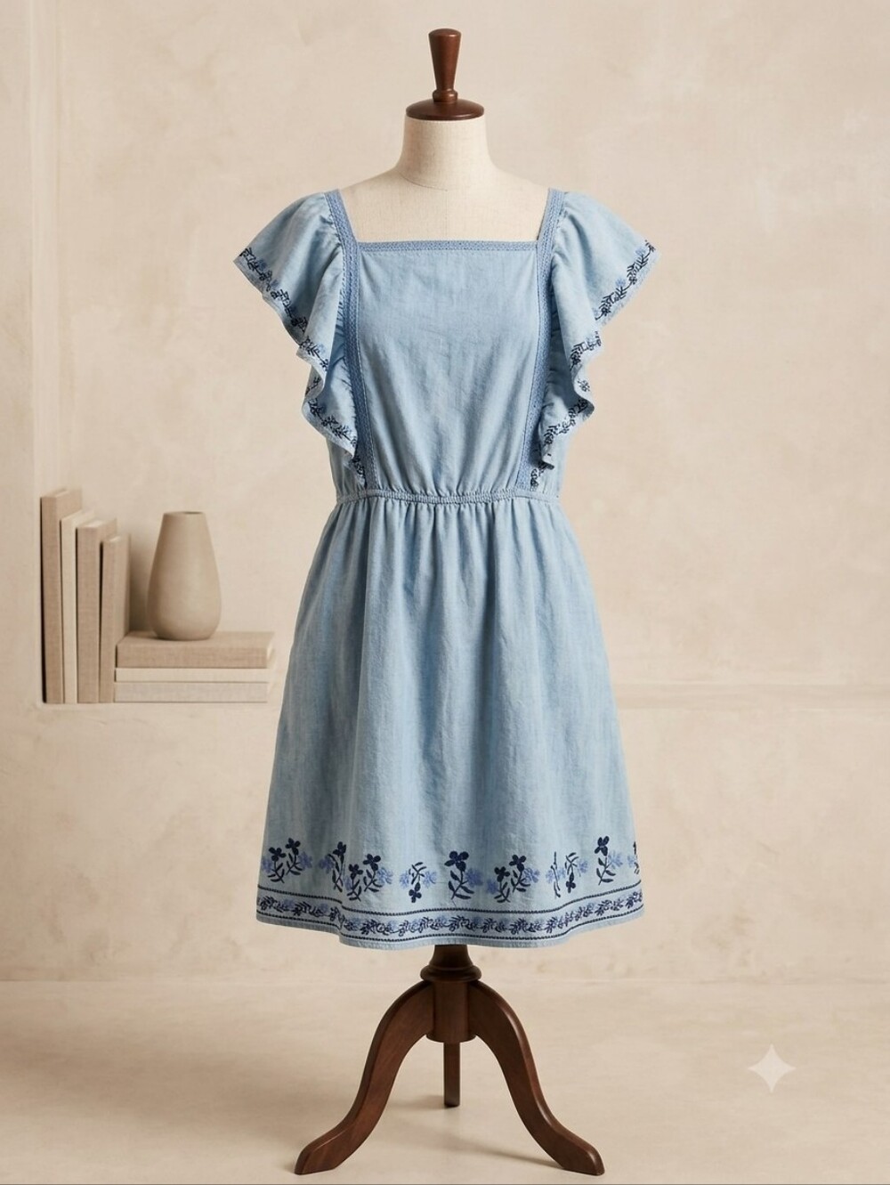Old Navy Light Blue Embroidered Ruffle-Sleeve Dress, Size XL